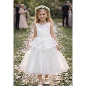 SugarPlum Dress Girls Size 8 Ivory Lace Tulle Midi Bow Flower Girl Formal flaws